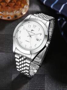 1pc RICECGO Quartz Calendar Wristwatch, Stainless Steel Strap, Minimalist Round Dial Business Watch For Men, Suitable For Gifts And Daily Wear - Silver - View 5