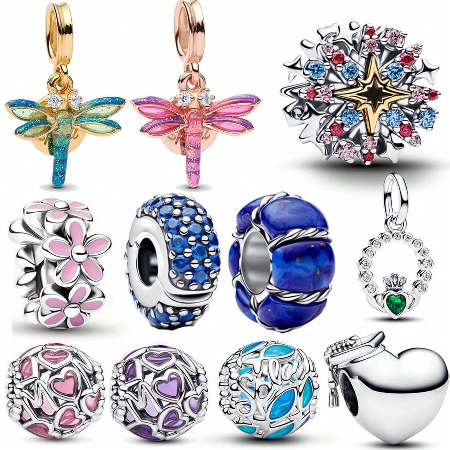 1pc Fashion Dragonfly & Flower Pendant, Silver Plated, Suitable For Bracelet, Necklace DIY, Holiday Gift - Multicolor - View 1