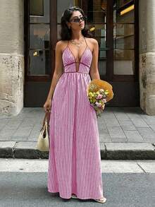 Halter Neck Striped Backless Dress Available In Multiple Colors - Hot Pink - View 8