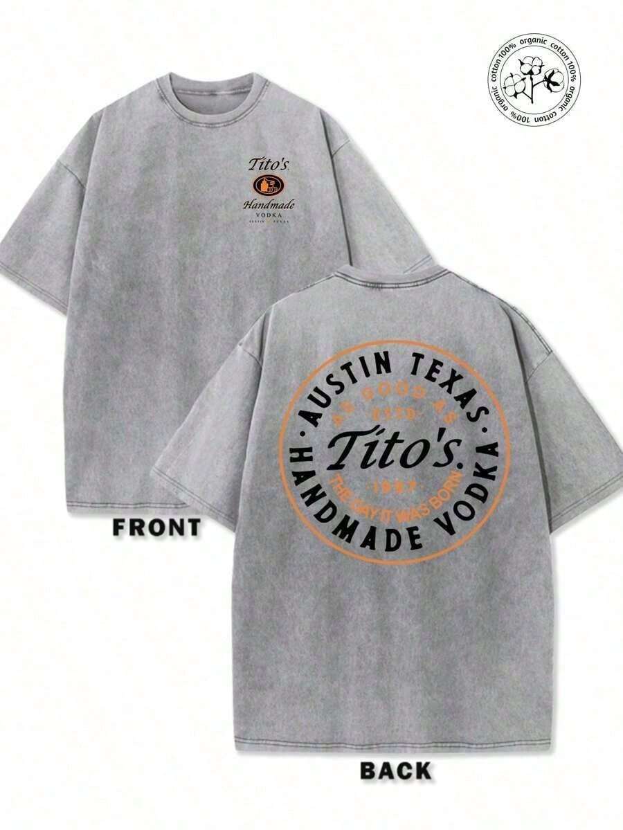 1pcs230g Washed And Used T-Shirt, Front Tito's Handmade Vodka Logo, Back With "AUSTIN TEXAS Tito's HANDMADE Vodka" Circular Text And Brand Logo, Tito's Vodka Theme180gMen's Minimalist Washed Short Sleeve Daily Tee100% Cotton - Xám - Xem 1