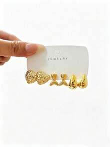 4/16PCS Fashion Women Geometric Multi-Element Gold Metallic Earring Set, Suitable For Daily & Festival Wear, (Lightweight CCB Material, Non-Fading/No Drooping Feeling) - Gold - View 4