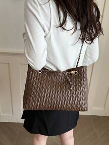Bolso de mano de gran capacidad para mujer, bolso de hombro con cadena elegante, nueva bolsa de moda para debajo del brazo, bolso de lino retro - Café 3 - Ver 8