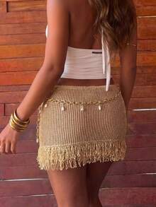 Falda-pantalón con doble capa y flecos tejidos - Dorado - Ver 2