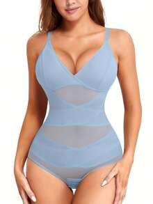 Body moldeador de cuerpo completo para mujer, con cuello en V, compresión, control de abdomen y levantamiento de glúteos, a la moda - Azul - Ver 1
