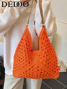 Dedoo Large Capacity Vacation Style Hollow Straw Handbag, Bohemian Woven Shoulder Bag, Casual Retro Romantic Style With Tri-Color Interwoven Diagonal Geometric Pattern, Visually Rich Layered Design, Suitable For Travel, Beach, Summer Outings, Shopping, Gifts - Orange - View 13