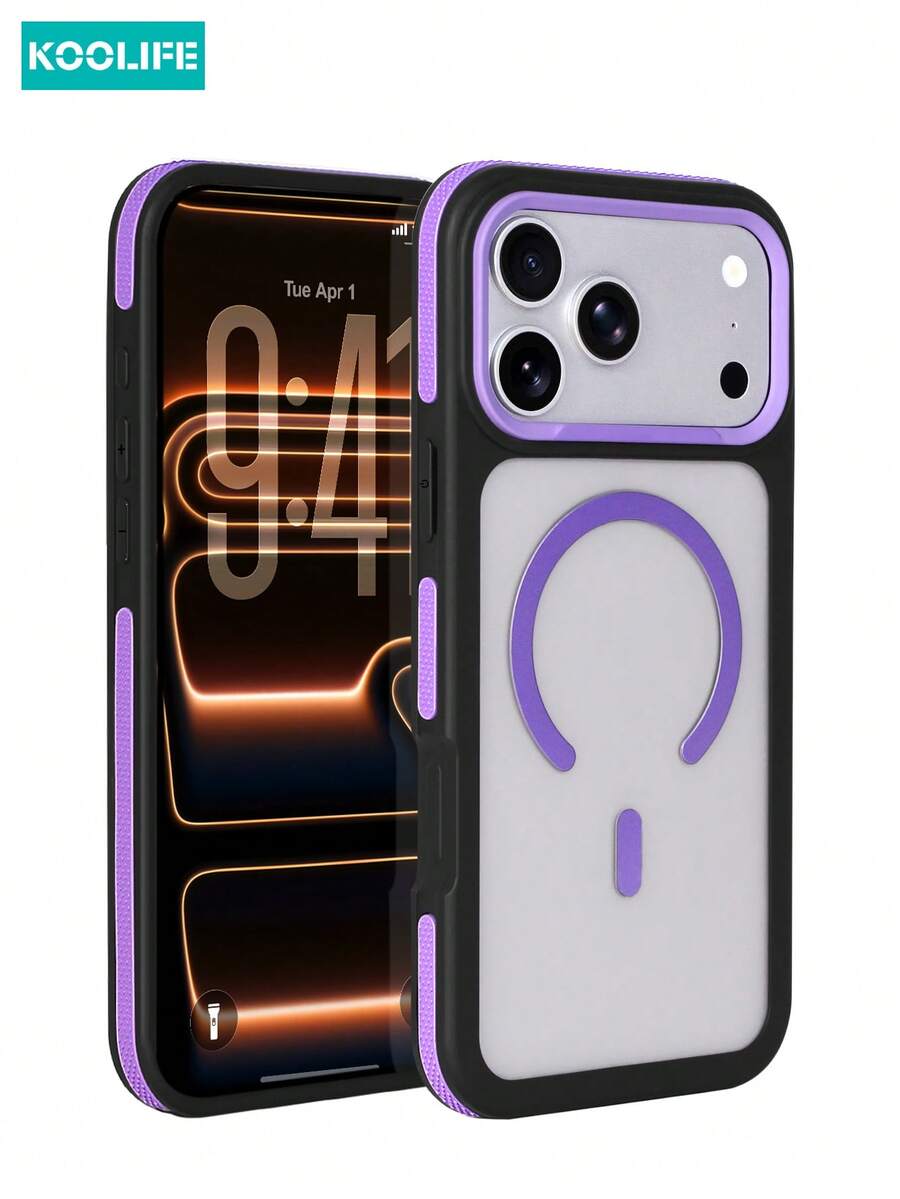 Koolife 1pc Black And Purple Neon Contrast Magnetic Phone Case, PC+TPU Anti-Slip Protective Shell, Matte Transparent Back Panel, MagSafe Compatible, Shockproof Phone Case Compatible With Apple 17/17pro/17promax