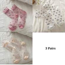 1/2/3 Pairs Women's Thin Mid-Calf Socks For Spring & Summer, Transparent Crystal Silk Stockings, Floral Pattern Ladies Socks - Multicolor - View 24
