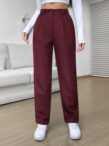Pantalones casuales sueltos de pierna recta con plisados de cintura alta negros para mujeres - Burdeos - Ver 1
