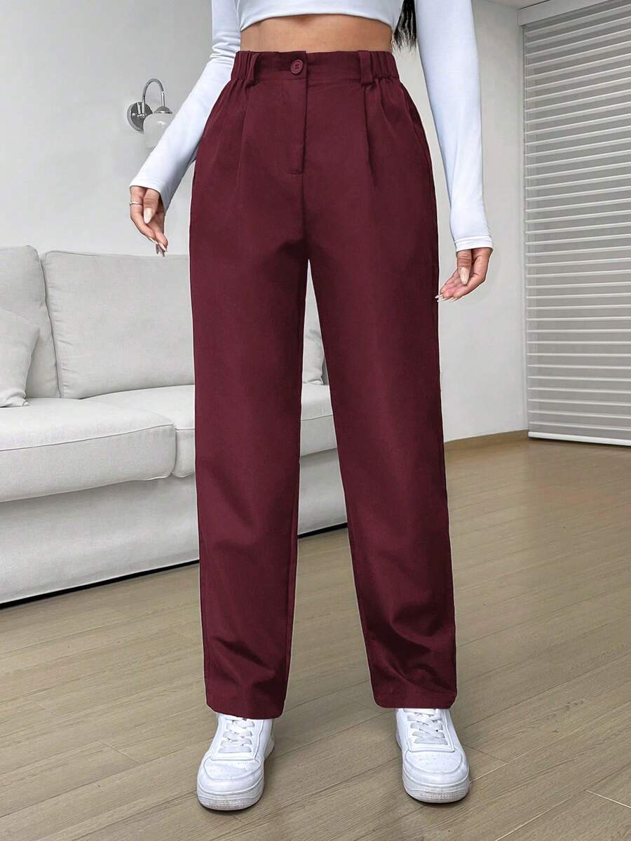 Pantalones casuales sueltos de pierna recta con plisados de cintura alta negros para mujeres - Burdeos - Ver 1