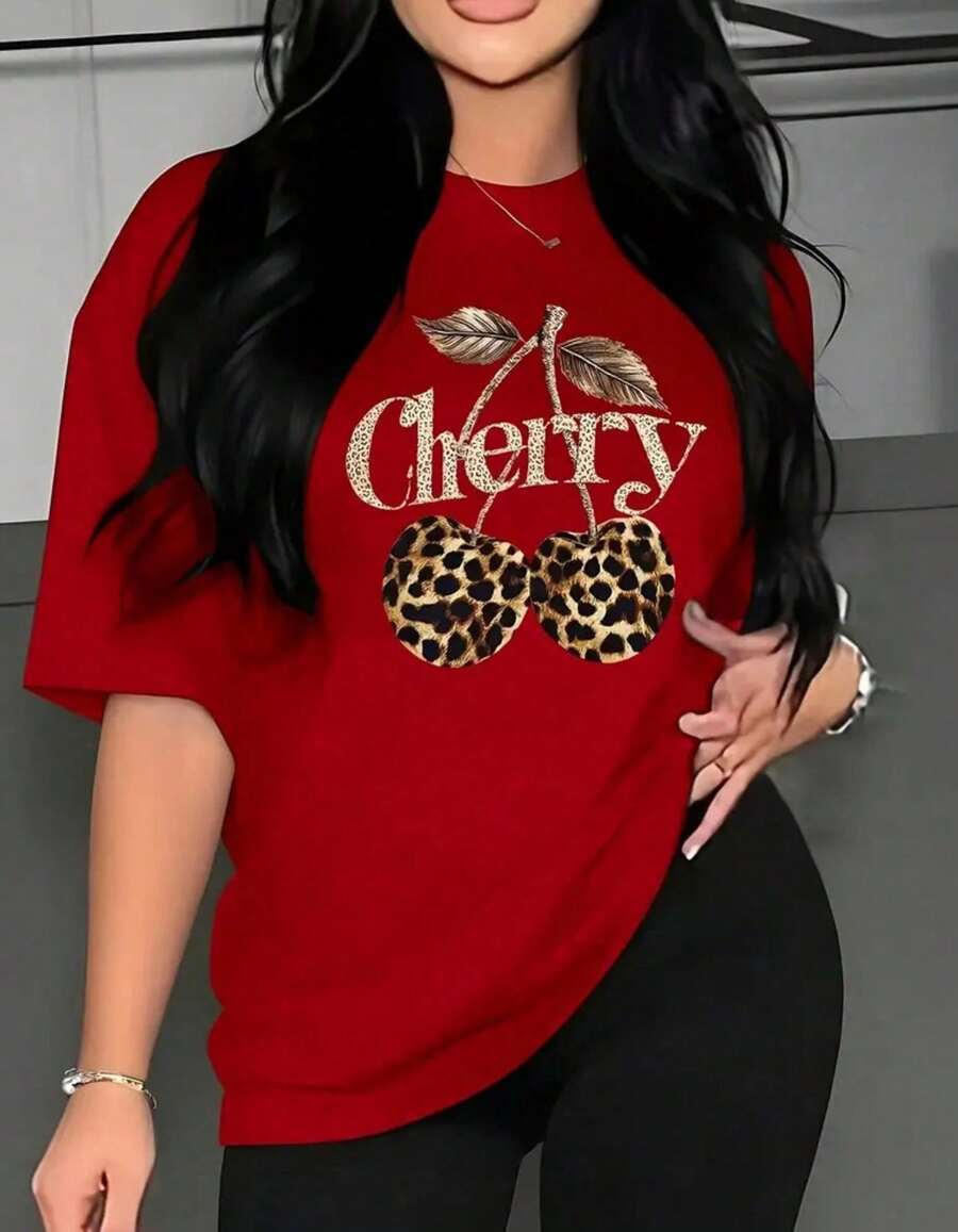 Women's Casual Short Sleeve T-Shirt, Semi-Sheer, Lightweight Fabric, Leopard And Cherry Print, Black With Shiny Gold Details, Medium Elasticity, Machine Washable, All Year Round Comfort - 紅色的 - 查看 1