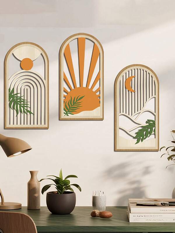 3pcs Bohemian Mountain, Sun, Arch, Moon Wall Art - Christmas Decorations, Hollow Wooden Wall Decor, Sunlight & Nature, Perfect For Living Room, Bedroom, Office, Studio, Bohemian Home Decor | Sunlight Theme Decor | Wood Wall Art | Wall Decor | Multi