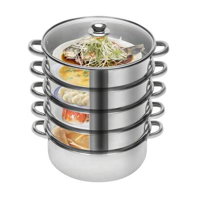 Stainless Steel Steamer Pot Multi Layer Food Steamer Cooker Vegetable Dumpling Seafood Steamer 24cm/9.44inch Stainless Steel Glass For Kitchen Family Cooking