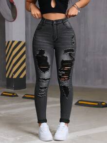 Quần jeans rách cạp cao cỡ lớn có khóa kéo và túi. Hoàn hảo cho trang phục thường ngày mùa xuân/thu và các kỳ nghỉ, thương hiệu Y2 Style. - màu đen - Xem 7