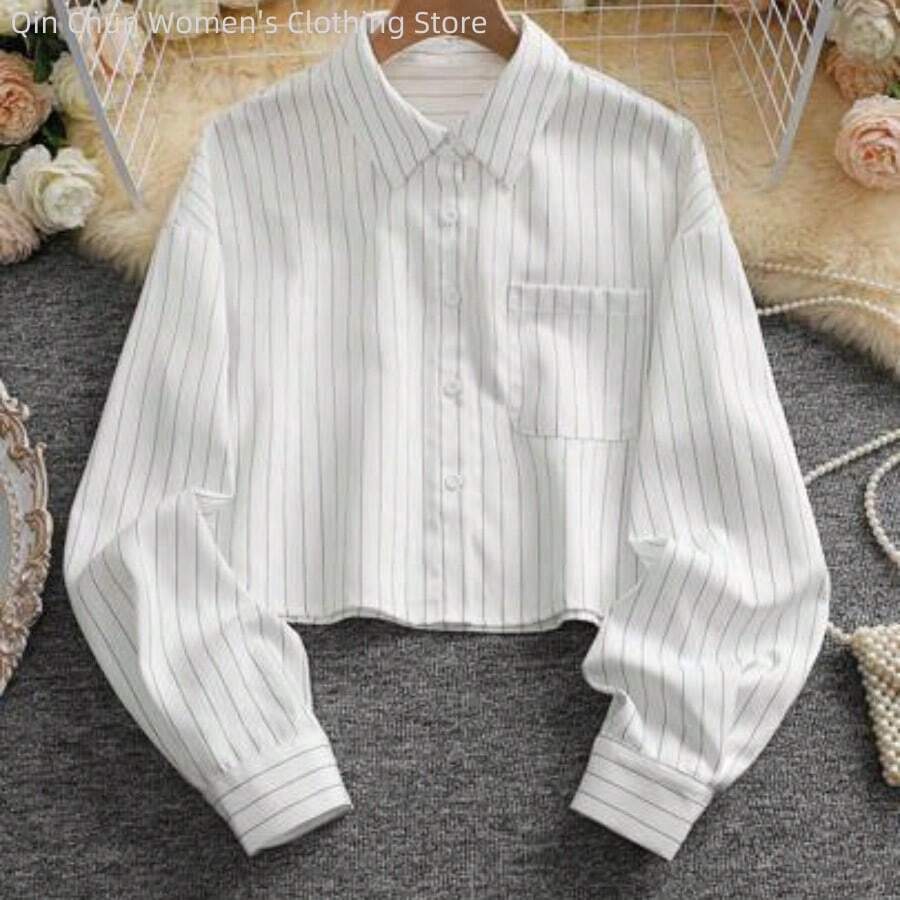 WNS Camisa de mujer de manga larga a rayas, de solapa y abotonada, de uso versátil y casual para primavera - Blanco - Ver 1
