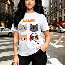 Camiseta de mujer con estampado de "PAWS" y cuatro gatos divertidos estilo cartoon - camiseta casual de manga corta, ajuste cómodo y moderno, ideal para paseos urbanos y días soleados - regalo perfecto para mamá, esposa, novia, hermana mayor y herman - Blanco - Ver 7