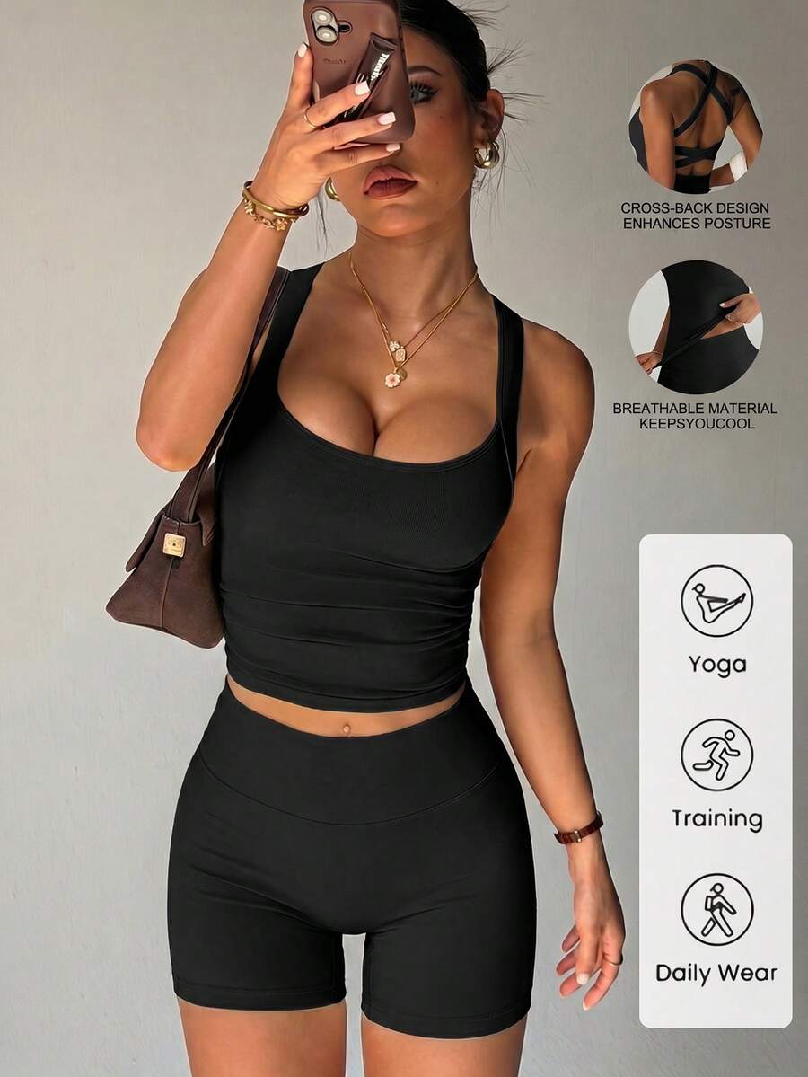 2pcs Women's Summer Casual Sports Set, Off-Shoulder Top And High Waist Shorts, Suitable For Running, Yoga And Other Workouts - Black - View 1