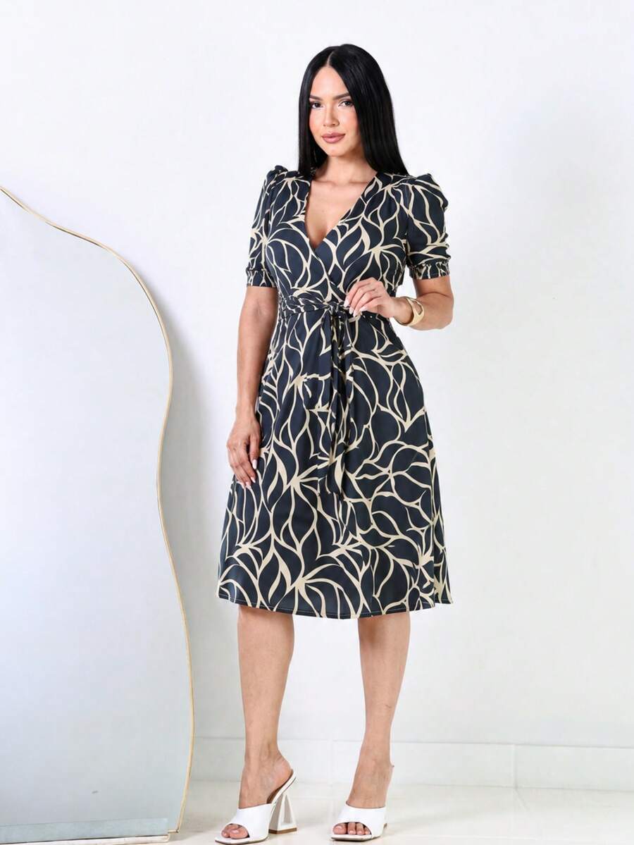 Women's Printed Dress, Flared, Casual, Elegant, Romantic Fabric - 熄滅 - 查看 1