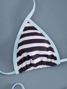 Bộ bikini kẻ sọc 2 mảnh dành cho nữ, áo tam giác và quần buộc dây, viền xanh nhạt, đồ bơi đi biển mùa hè dễ thương. - Nhiều màu - Xem 10