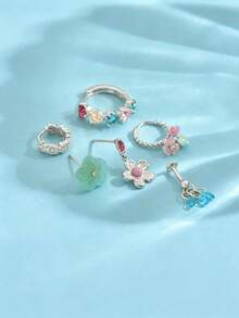 6pcs/Set Colorful Zirconia Flower Earrings & Ear Clips, Fashion Elegant Jewelry Set For Women, Suitable For Party, Holiday, Date Or Wedding - Silver - View 4