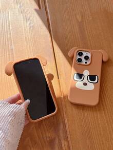 1pc 3D Bulldog Puppy Soft Silicone Large Hole Solid Color Cute Cartoon Case Compatible With IPhone 17 Pro Max/16 Pro Max, Full Coverage Anti-Fall 16 Pro, 17 Pro Camera Button - Brown - View 5