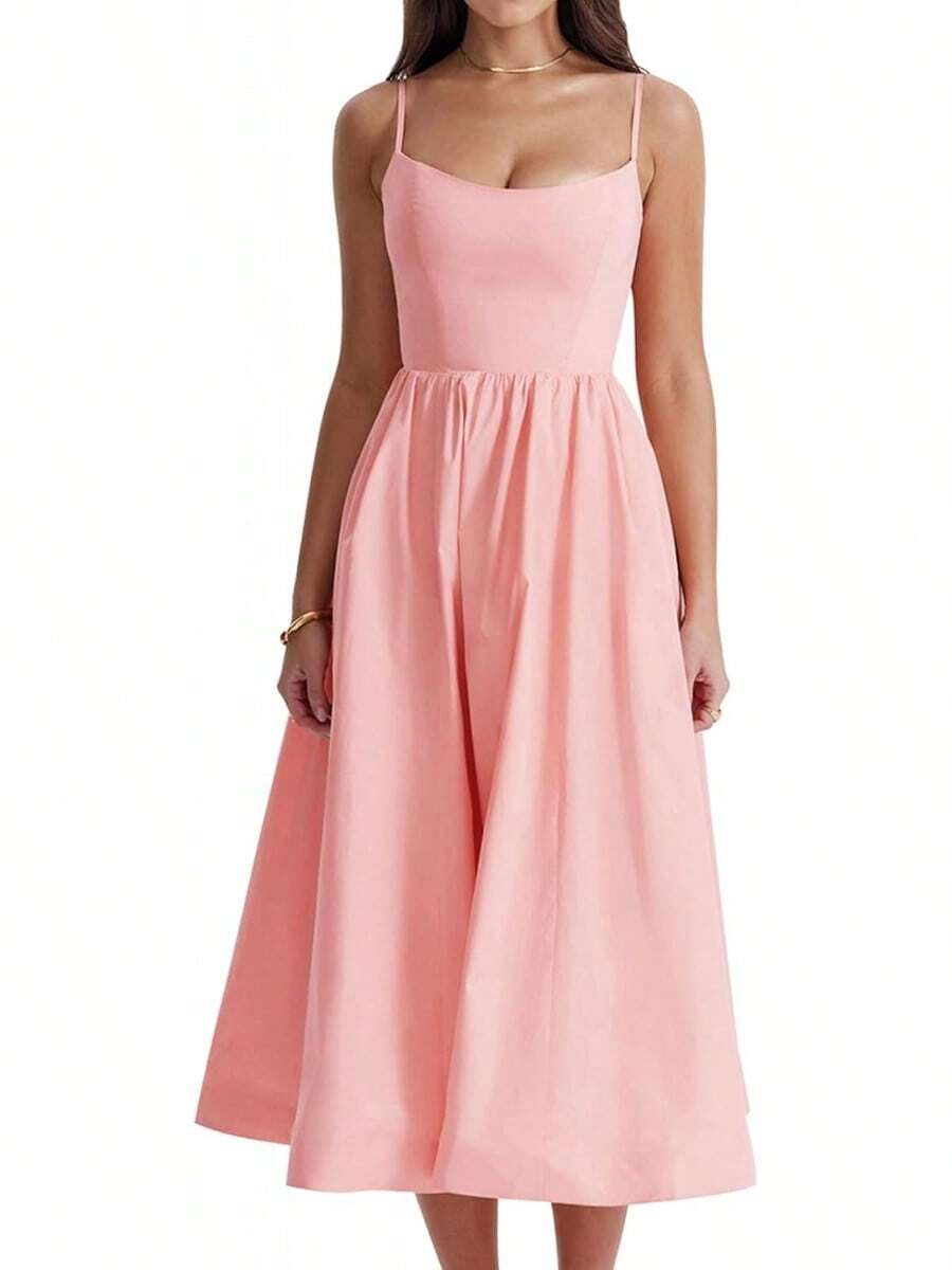 Women's Long Backless Spaghetti Strap Summer Dress - 磨砂黑 - 查看 1
