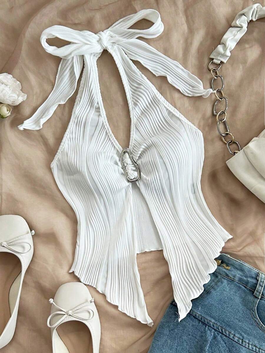Fitted Tank Top With Metal Buckle And Asymmetrical Hem - 白色的 - 查看 1