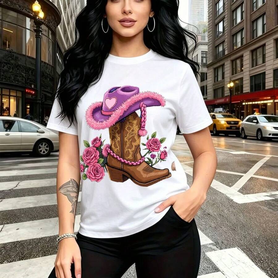 Camiseta de mujer con estampado de bota vaquera colorida con flecos rosas y morados, sombrero de vaquera rosa con hebella en forma de corazón y rosas vibrantes - camiseta casual de manga corta, ajuste cómodo y estilo urbano mexicano - ideal para el D - Blanco - Ver 1