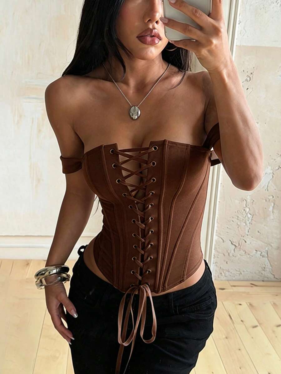 ملابس علوية نسائي قصير للصيف من Onicee، بني، ملابس علوية بانديو مربوطة الخصر، مناسب للحفلات والمناسبات مثل كرنفال وعيد الأم والخروجات والسفر والشاطئ