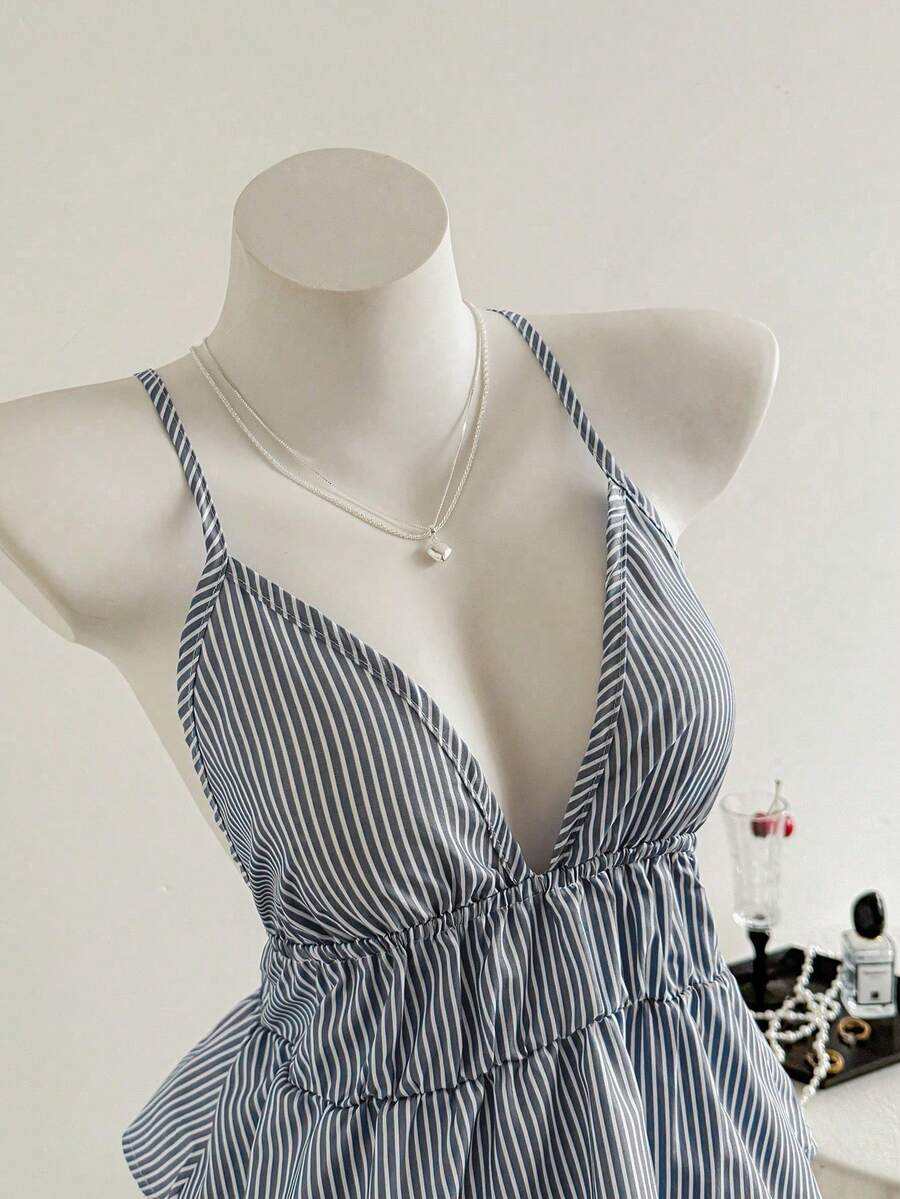 Striped Casual Backless Halter Top, Summer - 灰色的 - 查看 1