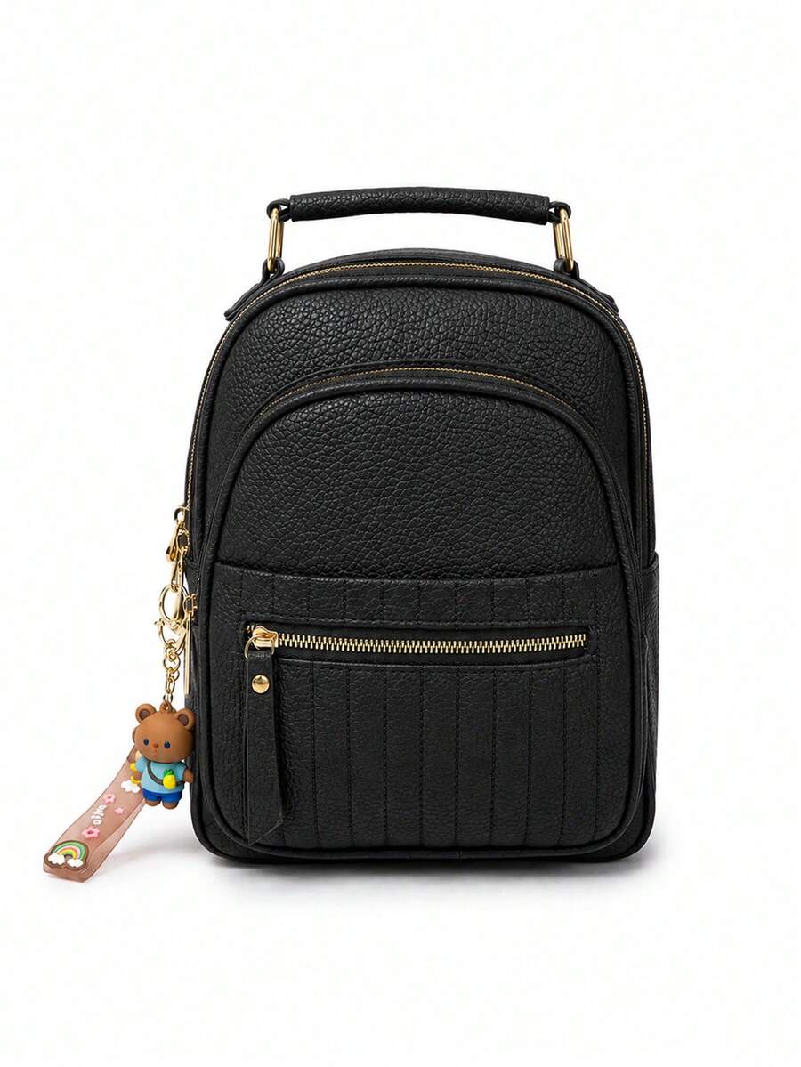 Women's Small Mini Backpack Bag, Premium PU Leather, Luxury Casual, Reinforced, With Keychain W3018 - 黑色 - 查看 1