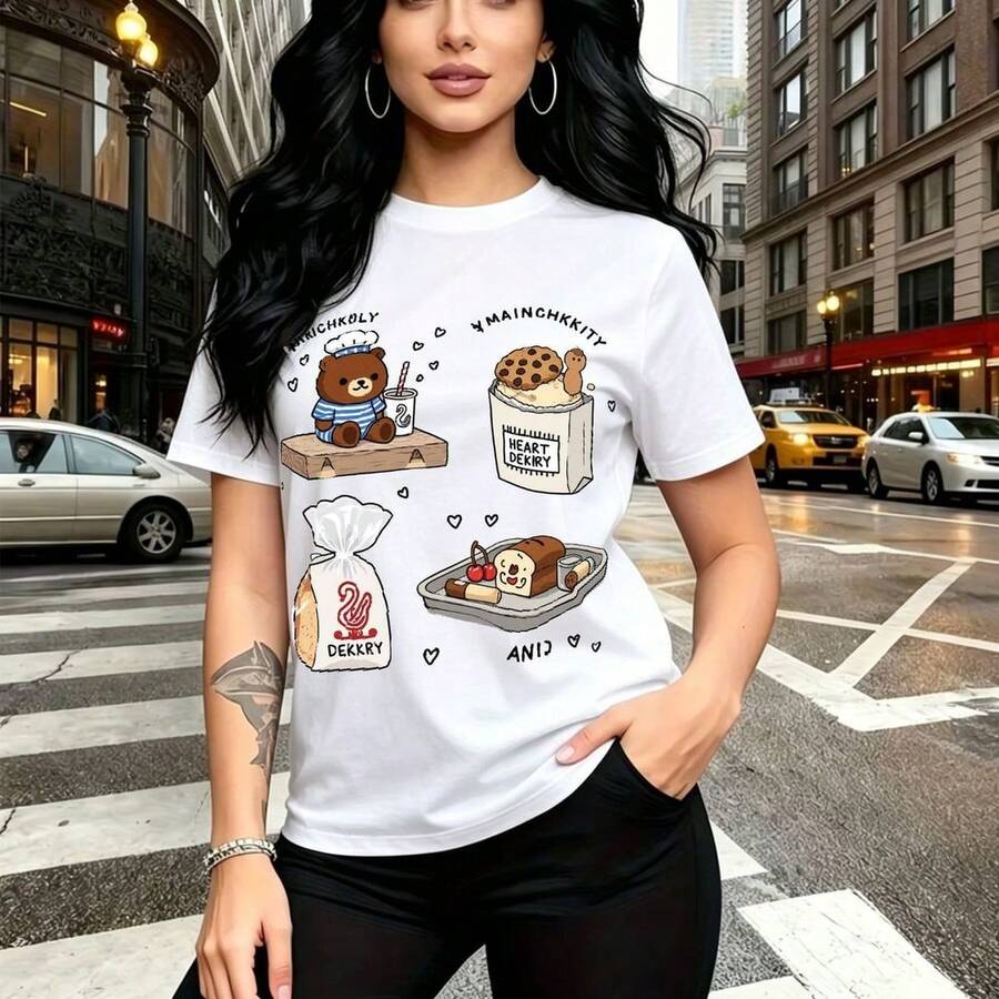 Camiseta de mujer con estampado divertido de chef osito, galletas y donas en estilo caricatura urbana - camiseta casual de manga corta con ajuste cómodo y fresco, ideal para paseos por la ciudad, días soleados o reuniones informales - regalo perfecto - Blanco - Ver 1