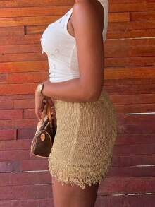 Falda-pantalón con doble capa y flecos tejidos - Dorado - Ver 4