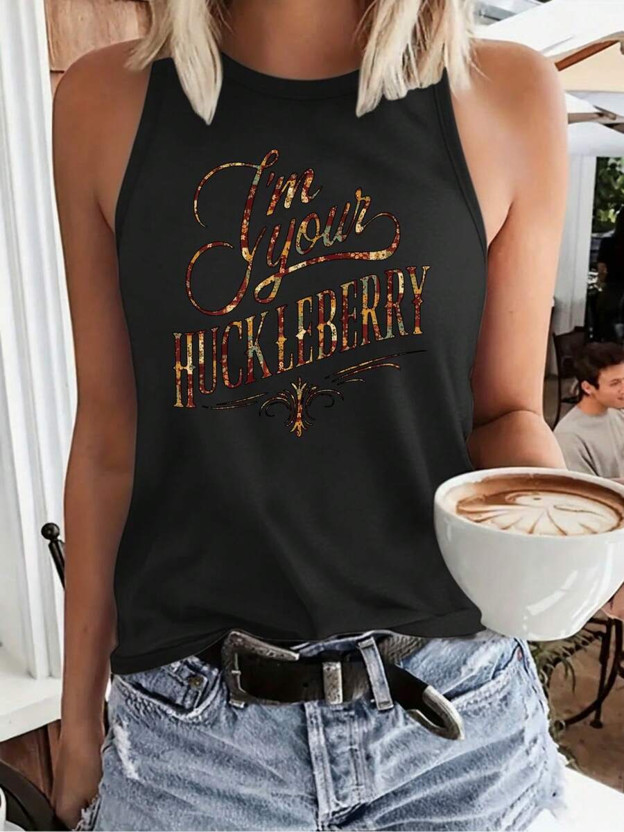 Party Graphic TeeSleeveless Vest, Letter Anime Print, Spring And Summer Women's Casual Loose Breathable Vest Top, Beautiful Back Door Convenience, Fas - 黑色 - 查看 1