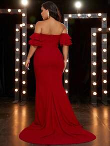 Plus Size Women's Red Off-Shoulder Ruffle Sleeve High Slit Maxi Formal Party Dress - Red - View 6