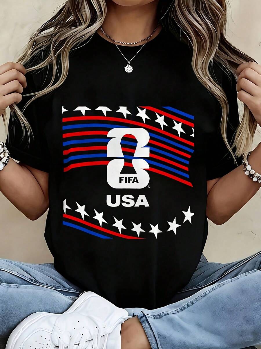 [Official FIFA World Cup Licensed]USA Flag Inspired Patriotic T-Shirt For Women Men - Black Cotton Crew Neck Tee With US FIFA Logo, Red Blue White Stars Stripes Design, Soft Breathable Summer Casual Top - Perfect Gift For Soccer Fans, Independence Day, National Events - 黑色 - 查看 1