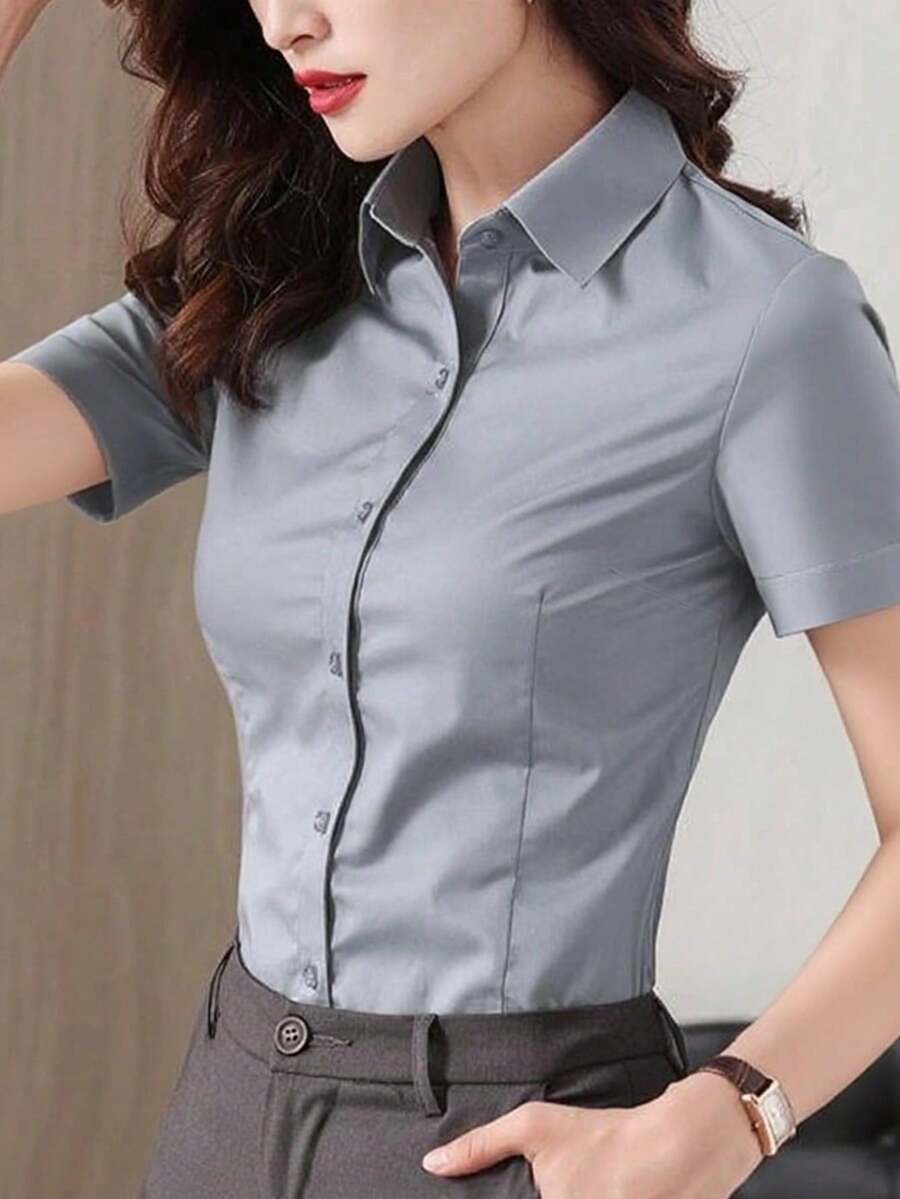 Blusa de manga corta rosa Primavera/Verano 2025, ropa de trabajo de oficina para mujeres, uniforme profesional de negocios - Gris Claro - Ver 1