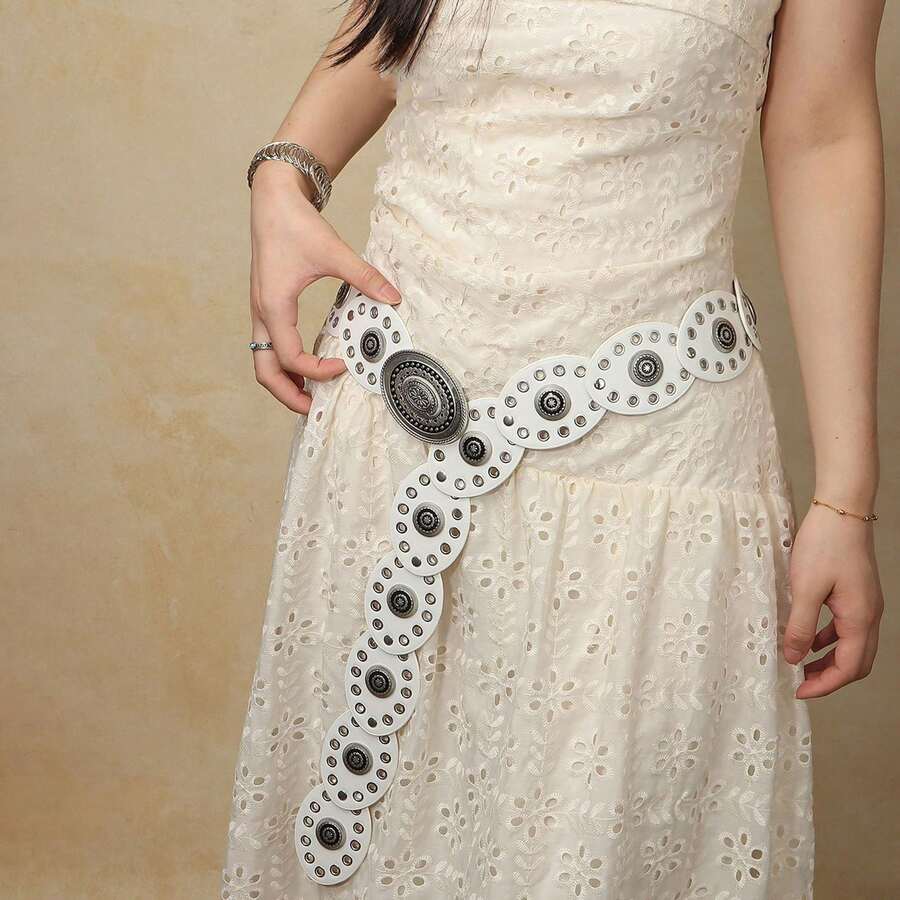 1 buah Sabuk Fashion Bulat PU Putih dengan Lubang Mata dan Gesper Logam, Cocok untuk Pakaian Populer Gaya Bohemian, Sesuai untuk Penggunaan Sehari-hari - Putih - View 1