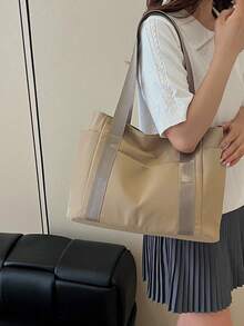 时尚纯色简约休闲大容量多拉链口袋宽肩带女士手提包，适合女士日常通勤、购物、旅行、学生日常使用 - 卡其色 - 查看 5