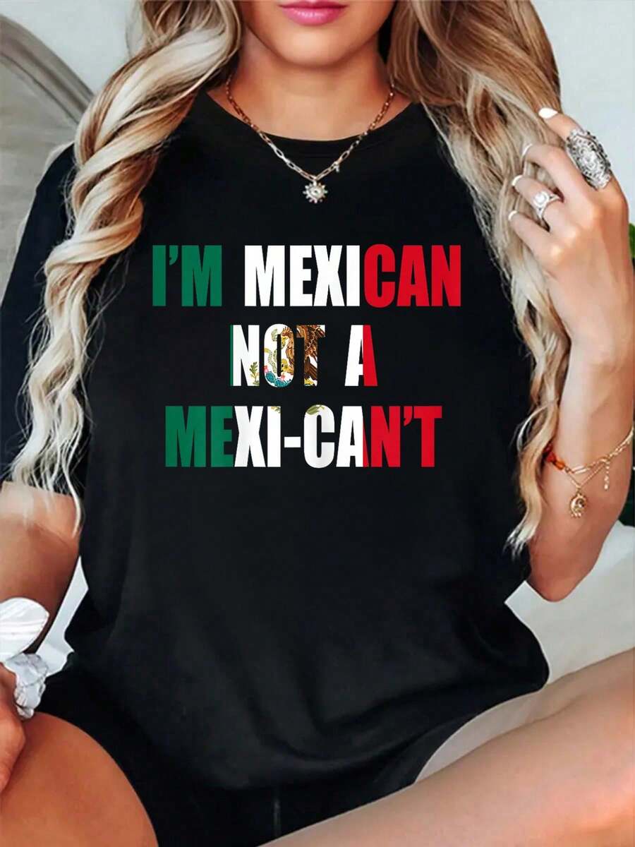 100% Cotton Mexican Flag Mujer Mexicana Mexico Heritage Women Slang T-Shirt - 黑色17 - 查看 1