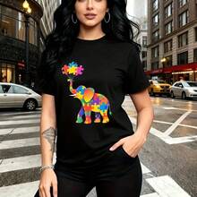 Camiseta de mujer con estampado de elefante colorido y patchwork multicolor sosteniendo globos - camiseta casual de manga corta, ajuste cómodo y moderno, estilo urbano y festivo - ideal para paseos por la ciudad, salidas casuales y regalo perfecto pa - Negro - Ver 11
