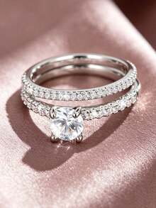 2 Pieces Sparkling Round Cubic Zirconia 2pcs/Set Women's Ring, Minimalist & Fashionable Double Stackable Ring, Wedding/Party Jewelry Royal - Silver - View 9