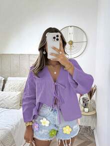 Blusa de manga larga con lazo al frente de color rojo para mujer, primavera - Púrpura malva - Ver 1