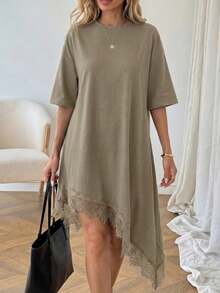 Vestido de mujer de longitud media, de manga corta, con bajo asimétrico, de estilo básico de moda, para uso diario, de vacaciones o para ir al trabajo, de unicolor con aplicaciones de encaje - Camel - Ver 1