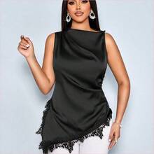 WNS  Blusa de satén elegante y minimalista para mujer con cuello alto simulado, recorte de encaje negro, parche y bajo asimétrico sin mangas - Amarillo claro - Ver 6