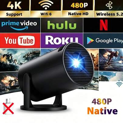 1個 720*480P HDスマートプロジェクター、ネイティブ解像度、4K対応、ミニポータブルプロジェクター、180°調整可能、ワイヤレス接続 スマートフォン&タブレット対応、スクリーンなしでも室内外で視聴可能