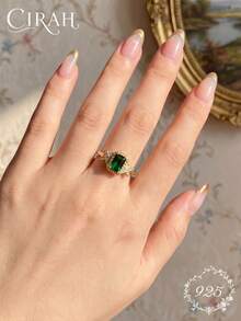 1pc Women's Diamond Inlaid Green Zirconia Ring, Exquisite Jewelry, Anniversary Birthday Gift - Gold - View 3