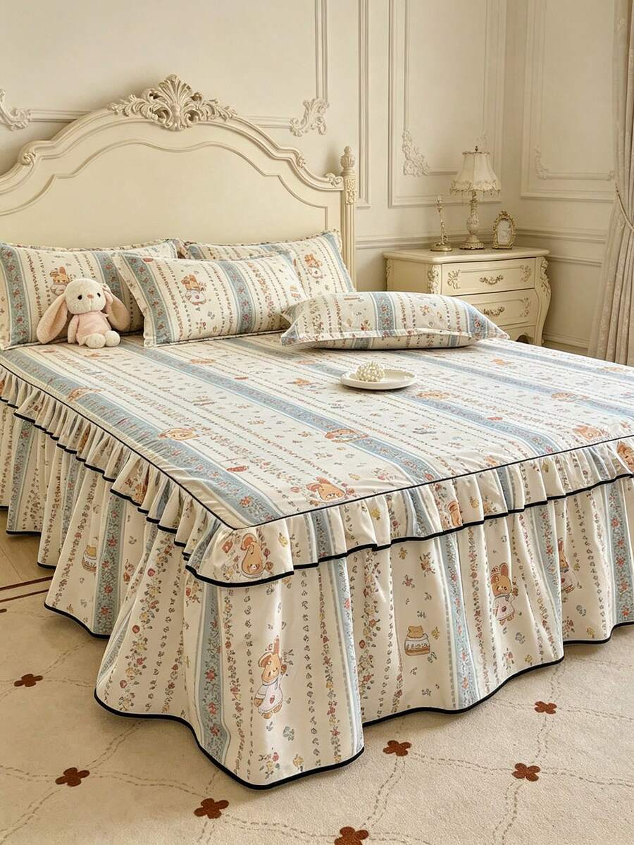 3pcs Floral Pattern Double Layer Ruffle Bed Skirt Set (1pc Bed Skirt + 2pcs Pillowcases) Elegant Fresh Pastoral Style Suitable For Double/Single Bed Bedroom Bedding Sheets All Seasons