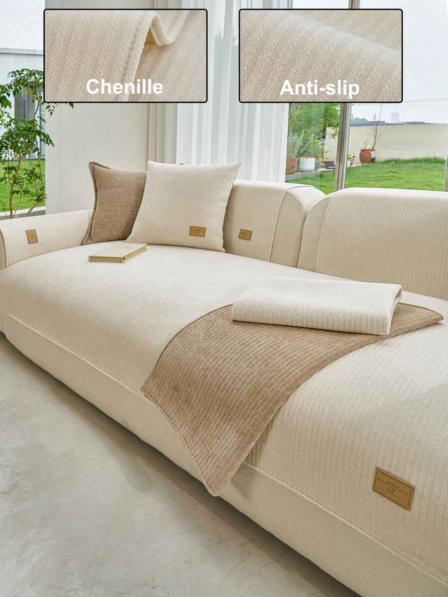 1pc Chenille Bohemian Style Sofa Cover, Pet Friendly Holiday Decor For Indoor & Outdoor, Washable & Fade-Resistant, Suitable For 1/2/3/4 Seater Sofa, Armrest, Cup Holder, Multiple Sizes Available - Beige - View 1