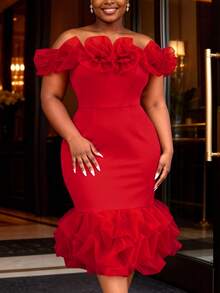 Plus Size Women's Red Off Shoulder Ruffle Fishtail Dress, Mesh Patchwork 3D Floral Elegant Fitted Dress For Evening Party Wedding Club - Red - View 4