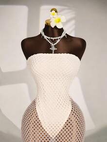 Vestido casual de vacaciones y citas de unicolor sin tirantes y con diseño calado para mujer - Albaricoque - Ver 8